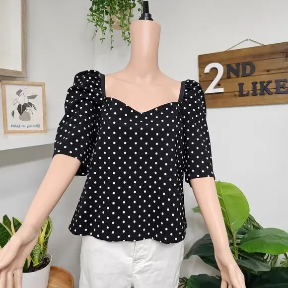H&M Blouse women XL,Black polka dot puff sleeve Sweetheart collar top - Picture 1 of 5